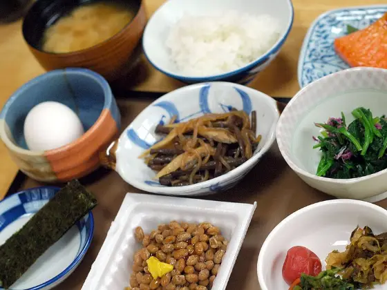 Japanese breakfast: rice, salmon, miso