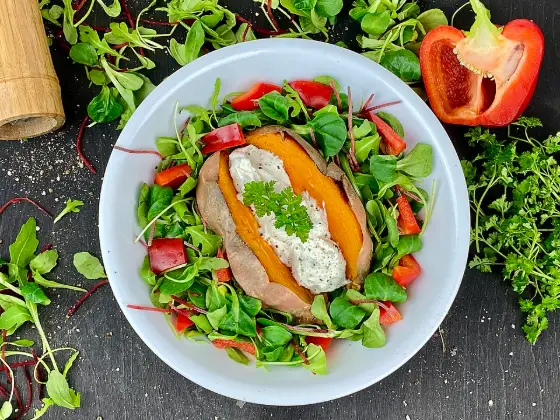 Loaded sweet potato, cottage & beans